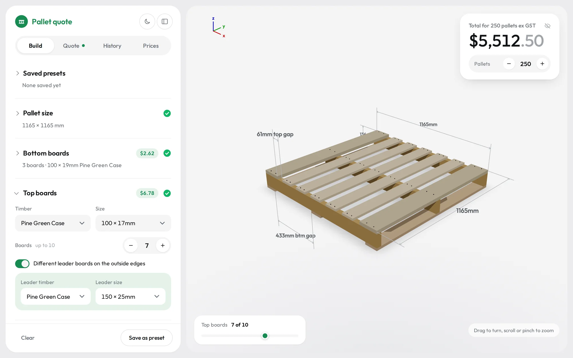 The Pallet Quote builder with each section ticked off, top boards and leader boards chosen, a 3D pallet and a total for 250 pallets