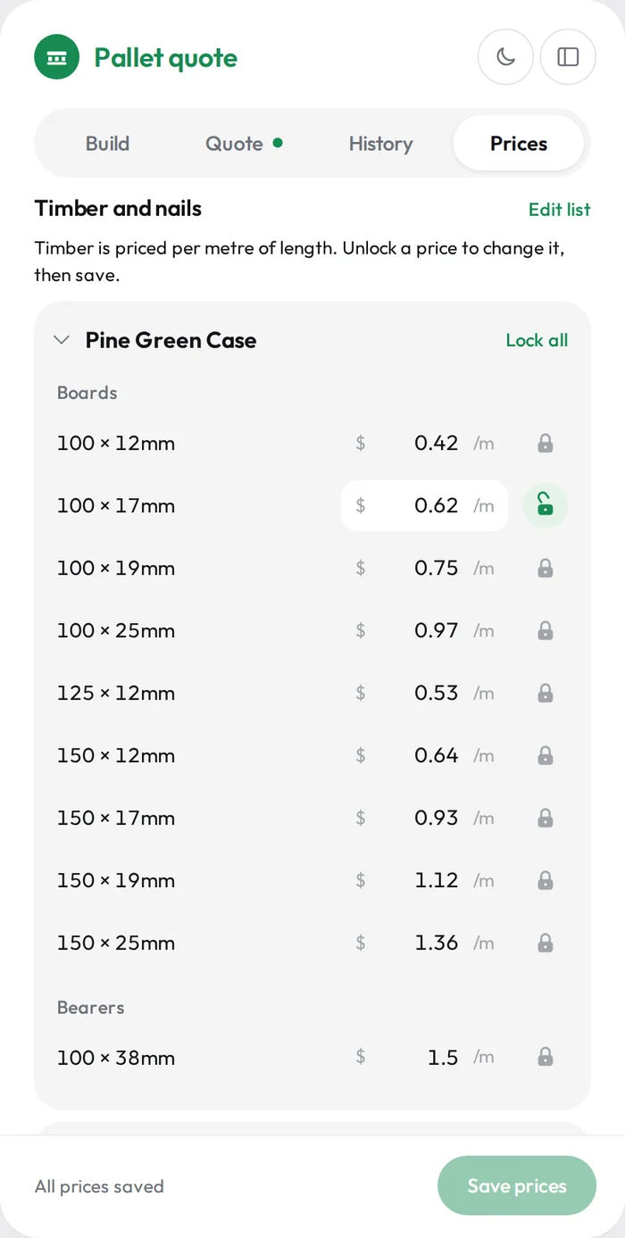 The prices tab listing board sizes with a price per metre and a lock beside each