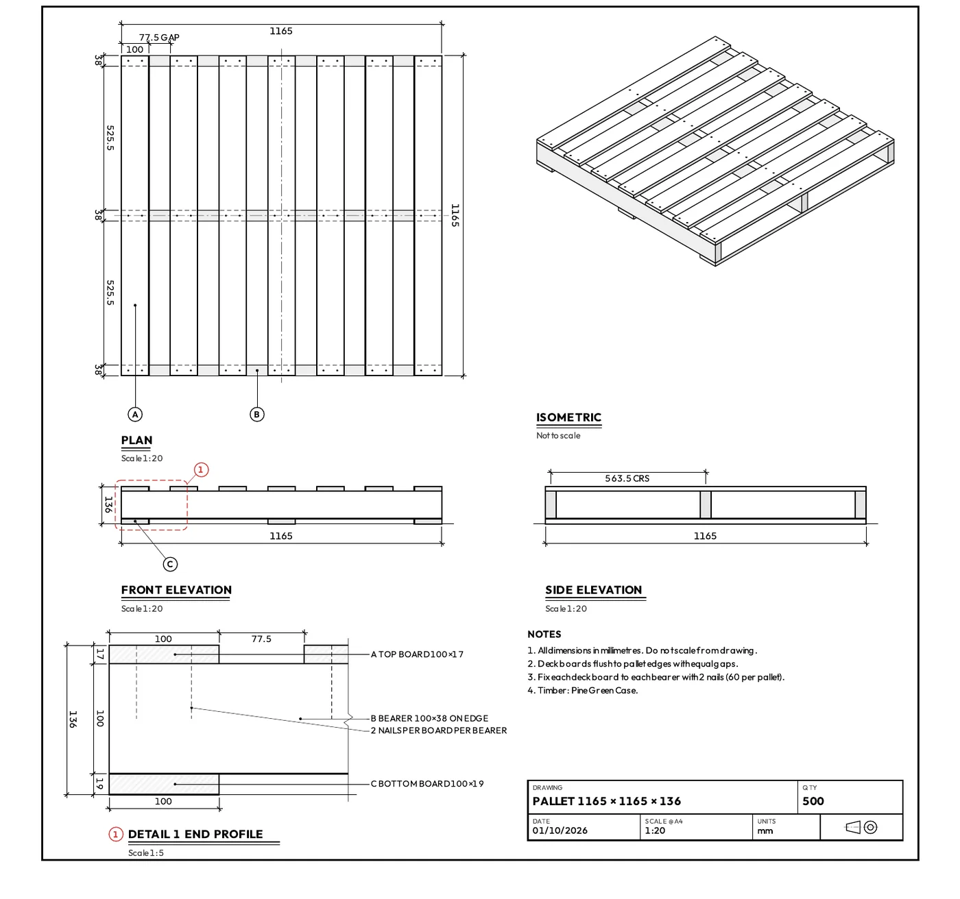 Shop drawing of a 1165 by 1165 pallet with plan, elevations, isometric view, end detail and title block
