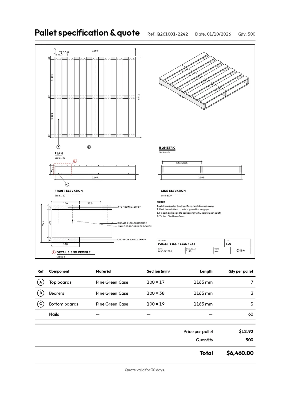 Customer PDF with shop drawings, the specification and the total price